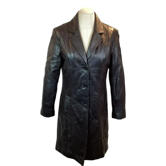 Wilsons Leather Pelle Studio Womens Medium Long Italian Leather Trench Coat Blac - Picture 2 of 13